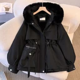 Lady Faux Fur Collar Cotton padded Jacket Autumn Winter Lace Up Loose Short Pocket Parkas Coats Commute Fashion Women Outwear