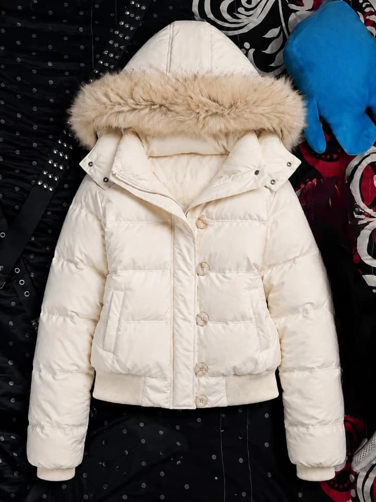 Y2K Korean Fashion Winter Ladies Faux Fur Parkas Coats American Vintage Cotton‑padded Jacket Warm Daily Casual Outwear Outer Top