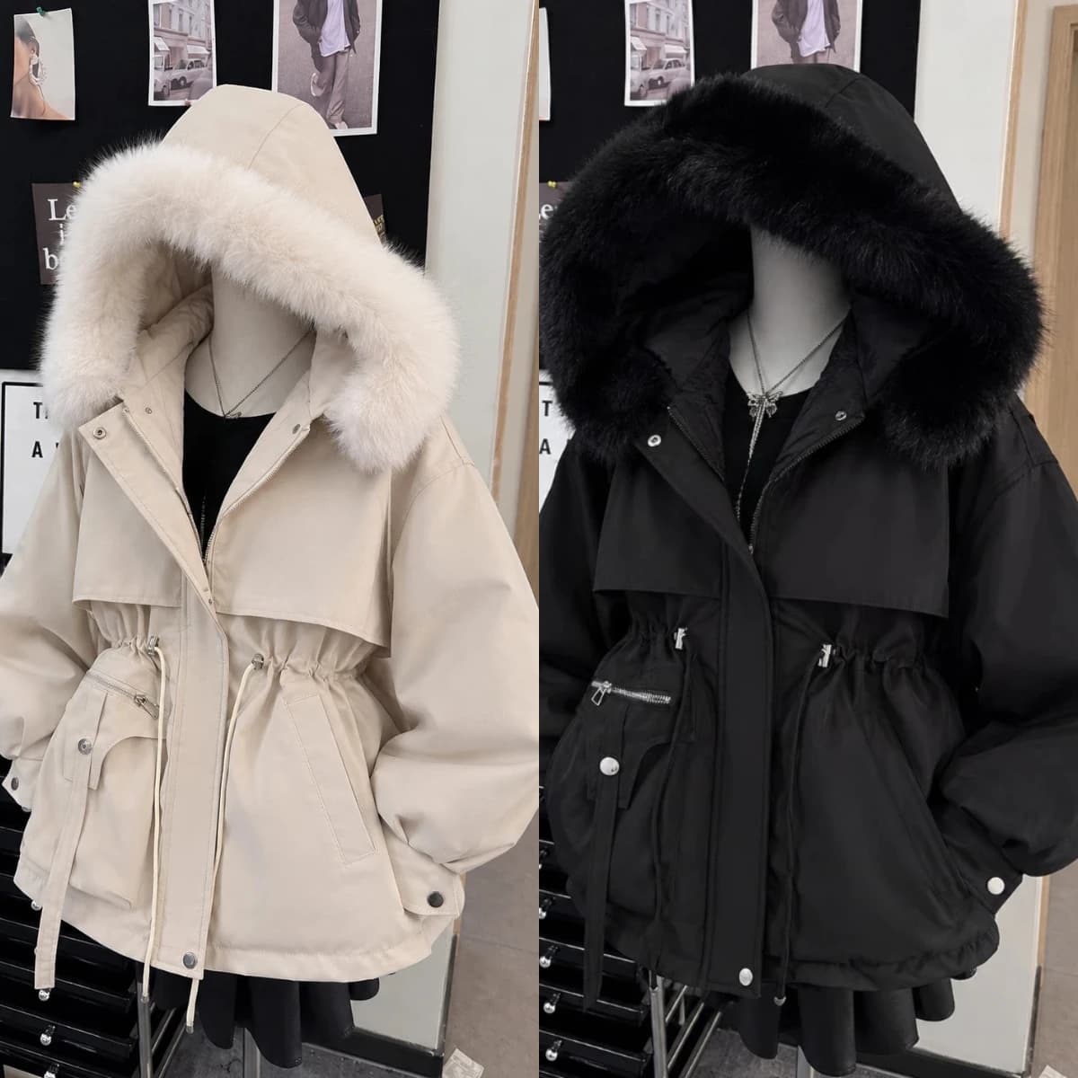 Winter Lady Faux Fur Collar Cotton‑padded Parkas Coats Solid Full Sleeve Lace Up Short Pocket Women Fashion Outwear Jacket