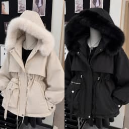 Winter Lady Faux Fur Collar Cotton‑padded Parkas Coats Solid Full Sleeve Lace Up Short Pocket Women Fashion Outwear Jacket