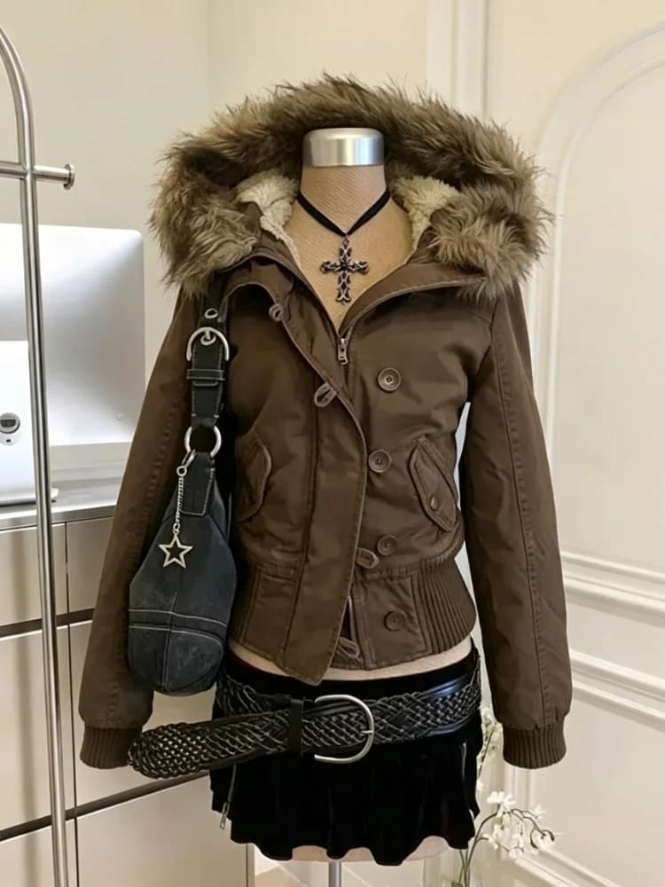 Y2K Retro Women Cotton‑padded Parka Jacket Faux Fur Collar Winter Warm Loose Fit Casual Street Daily Wear Outer Coats Tops New