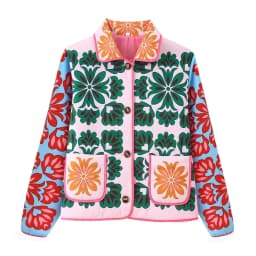 Slim Fit Short Cotton Jacket for Women with Large Pockets Turn-down Collar Light Weight Autumn Winter Green Floral Print Coat