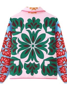 Slim Fit Short Cotton Jacket for Women with Large Pockets Turn-down Collar Light Weight Autumn Winter Green Floral Print Coat