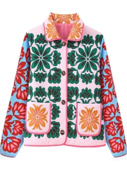 Slim Fit Short Cotton Jacket for Women with Large Pockets Turn-down Collar Light Weight Autumn Winter Green Floral Print Coat