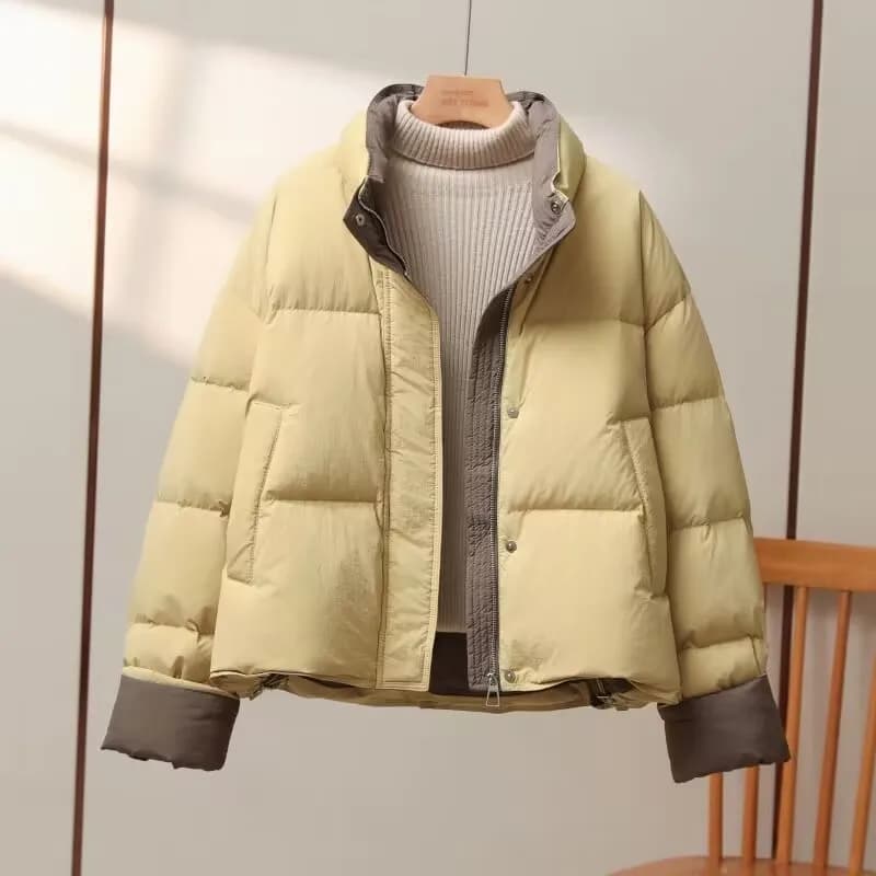 Color Block Collar Short Cotton Jacket Loose Fit Thickened Winter Outerwear for Small Stature Women Trendy Korean Style