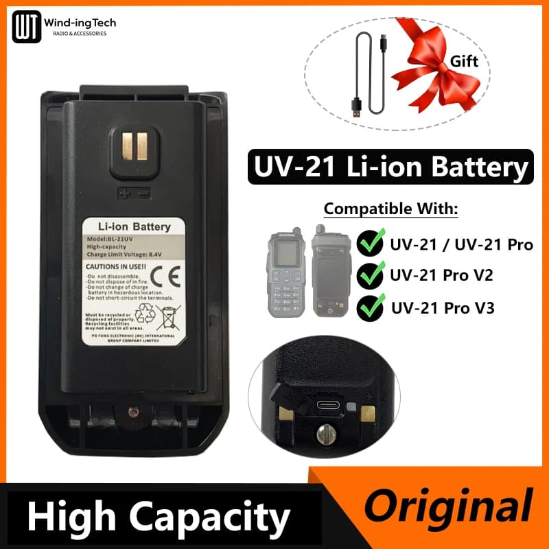 Baofeng UV-21 Pro V2 Li-ion Battery Original High Capacity DC 8.4V Type-C Charge UV21 Pro BL-21UV Battery For UV21 Walkie Talkie