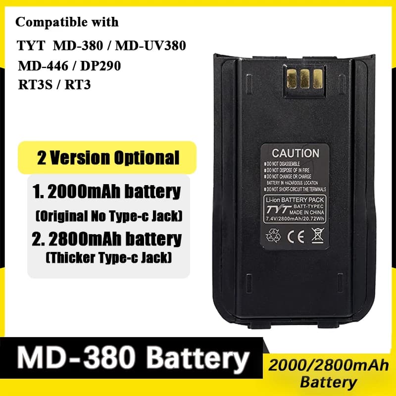 TYT MD-UV380 Li-ion Battery MD-446 Thickened Battery Original 2800mAh Type-C Charging Compatible with MD-380 DP-290 RT3S Radios