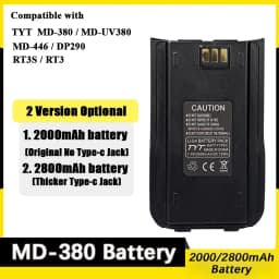 TYT MD-UV380 Li-ion Battery MD-446 Thickened Battery Original 2800mAh Type-C Charging Compatible with MD-380 DP-290 RT3S Radios