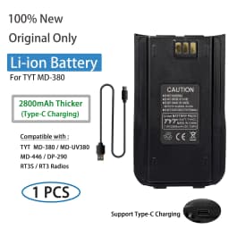 TYT MD-UV380 Li-ion Battery MD-446 Thickened Battery Original 2800mAh Type-C Charging Compatible with MD-380 DP-290 RT3S Radios