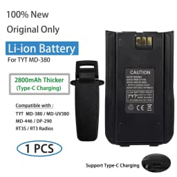 TYT MD-UV380 Li-ion Battery MD-446 Thickened Battery Original 2800mAh Type-C Charging Compatible with MD-380 DP-290 RT3S Radios