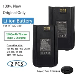 TYT MD-UV380 Li-ion Battery MD-446 Thickened Battery Original 2800mAh Type-C Charging Compatible with MD-380 DP-290 RT3S Radios