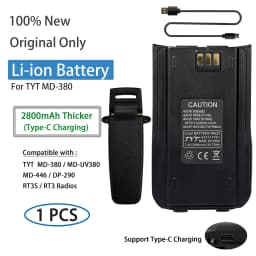 TYT MD-UV380 Li-ion Battery MD-446 Thickened Battery Original 2800mAh Type-C Charging Compatible with MD-380 DP-290 RT3S Radios
