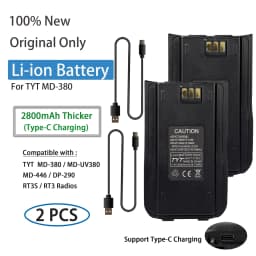 TYT MD-UV380 Li-ion Battery MD-446 Thickened Battery Original 2800mAh Type-C Charging Compatible with MD-380 DP-290 RT3S Radios