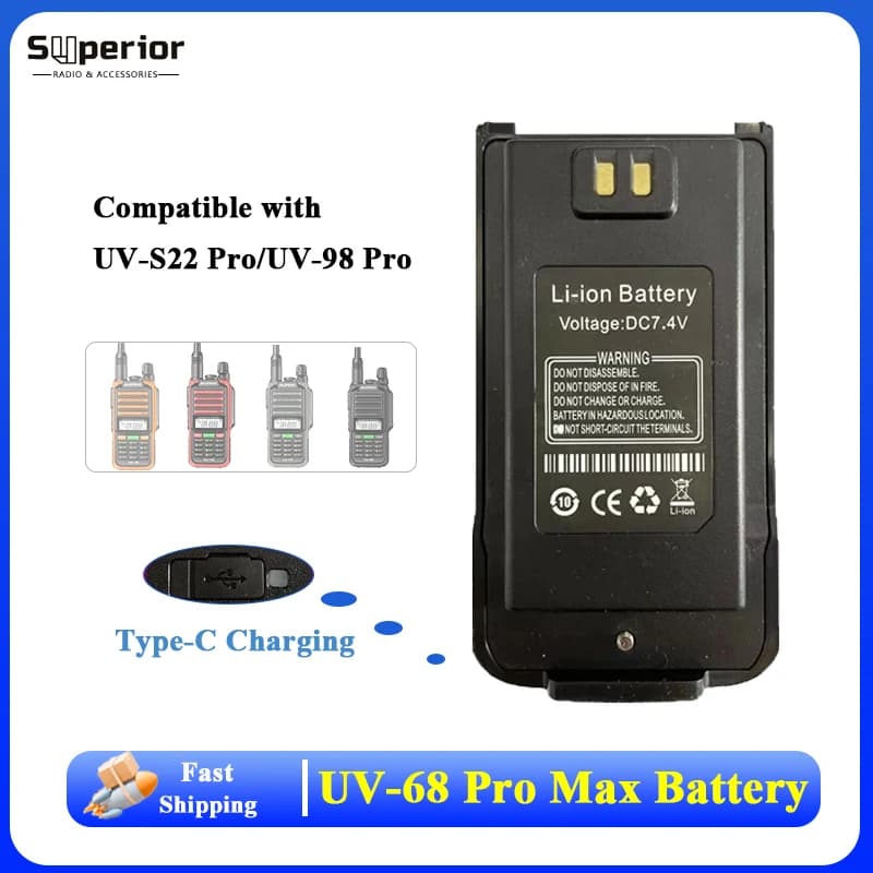 UV-68 Pro Max V2 Battery Original For UV-S22 Pro V2 UV-98 Pro Baofeng Walkie Talkie Type-C Charging Radio Rechargeable Batteries