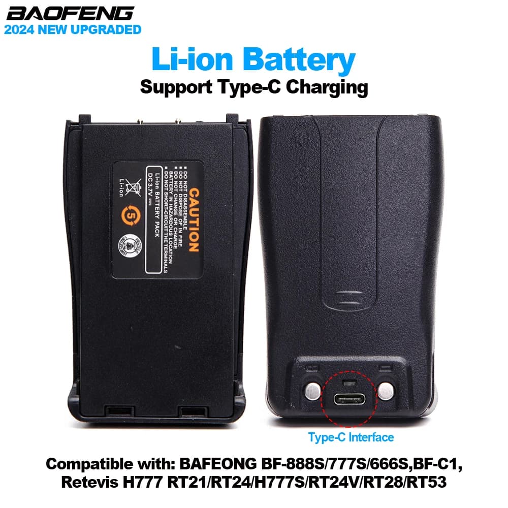 New Upgraded Baofeng BF888S Walkie Talkie Battery Able Type-C Charging BF-888S/777S/666S/ BF-C1 Tow Way Radios Extra Battery