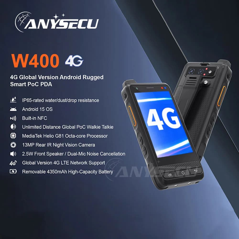 ANYSECU W400 PDA Resistente Con Walkie Talkie PoC Zello IP65 Smartphone Android 15 4350mAh 4G Rango Global Walkie Talkie NFC