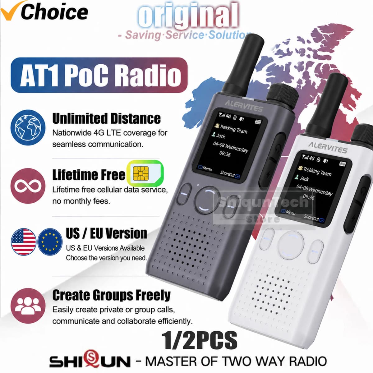 ALERVITES AT1 Global PoC Radio Baofeng Walkie Talkie 4G LTE SIM Card Lifetime Free APP Setting Unlimited Distance USB-C Charging