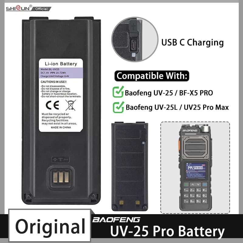 Original Baofeng UV 25 Li-ion Battery UV-25 Pro Max BL-UV25 High Capacity USB C Replacement Battery For BF-X5 UV-25L Ham Radio