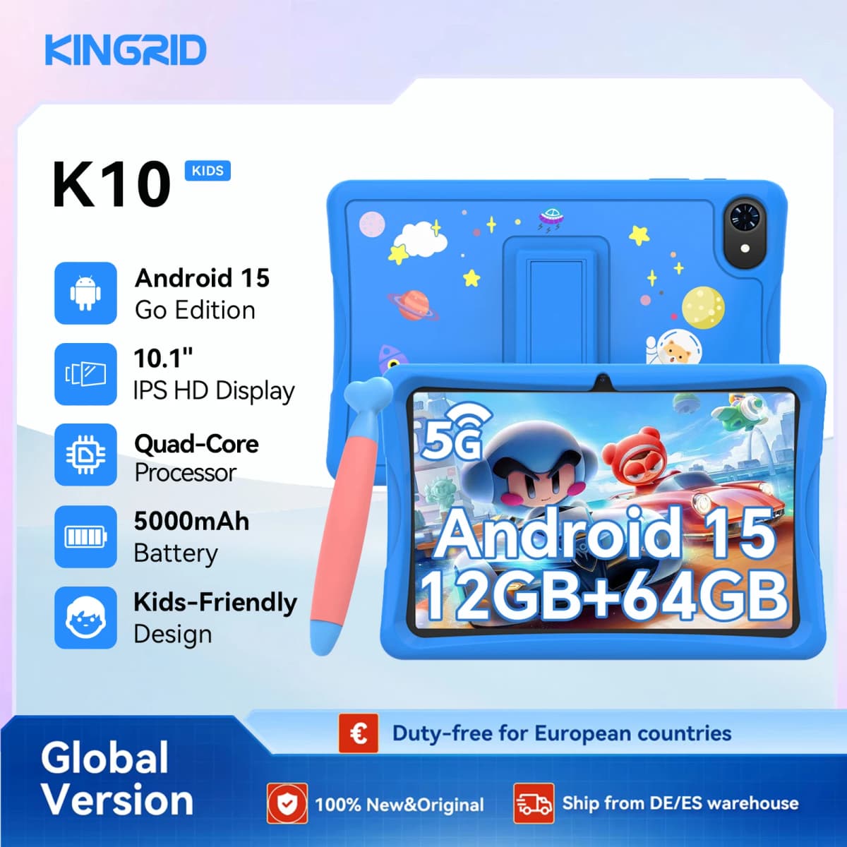 KINGRID K10 Kids Tablet 10'' Android 15 4GB RAM+8GB Expandable 64GB ROM 5G WiFi Widevine L1 5000mAh Kids Tablet PC Tablet Android Parental Control