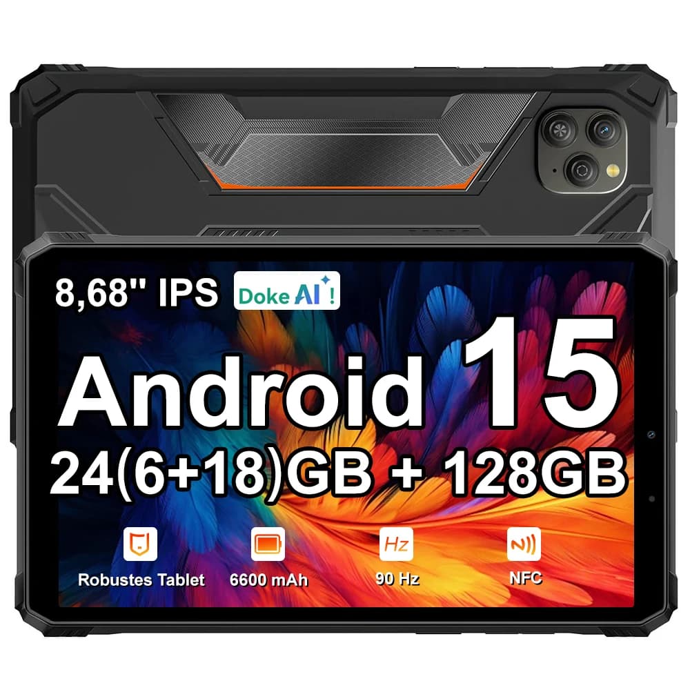 Blackview Active 5 Rugged Tablet, 24GB Expand RAM(6+18GB Virtual RAM) 128GB ROM, 8.68 Inch 90Hz IPS Screen, 6600mAh Large Battery, Android 15, Doke AI, NFC, Fingerprint Unlock Waterproof Industrial Tablet