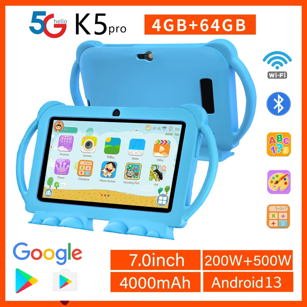 2026 New 7 Inch Kids Tablet with Cartoon Proof Case 5G WiFi Google Learning Education Tablet PC 4GB RAM 64GB ROM 4000mAh