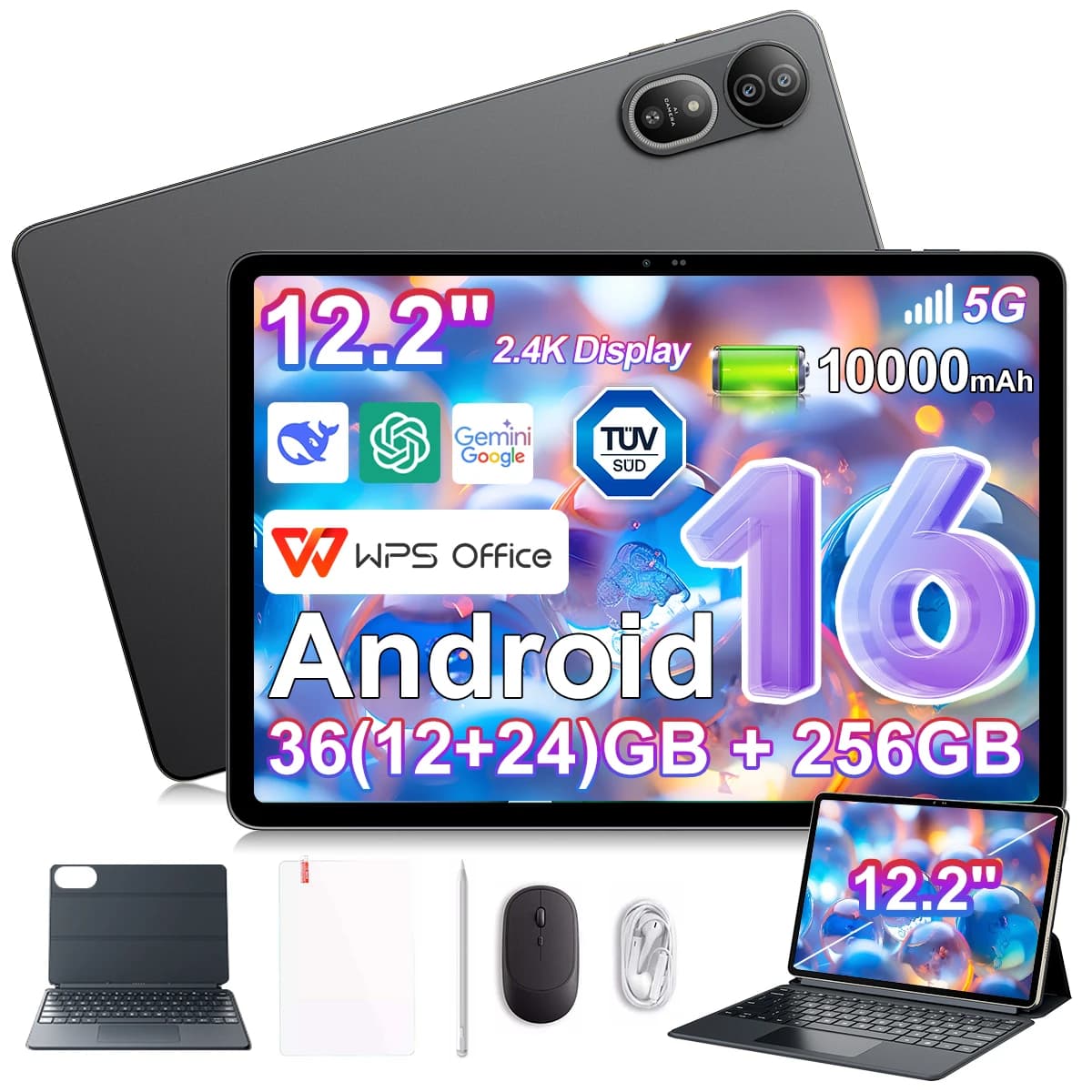 Blackview MEGA 12 5G Rugged Tablet,12.2 Inch 2.4K 120Hz Display,IP69K Fully Waterproof,36GB(12+24GB) RAM 256GB ROM,10000mAh Battery,55W Fast Charge,50MP Camera,WiFi 6E AI Industrial Android Tablet