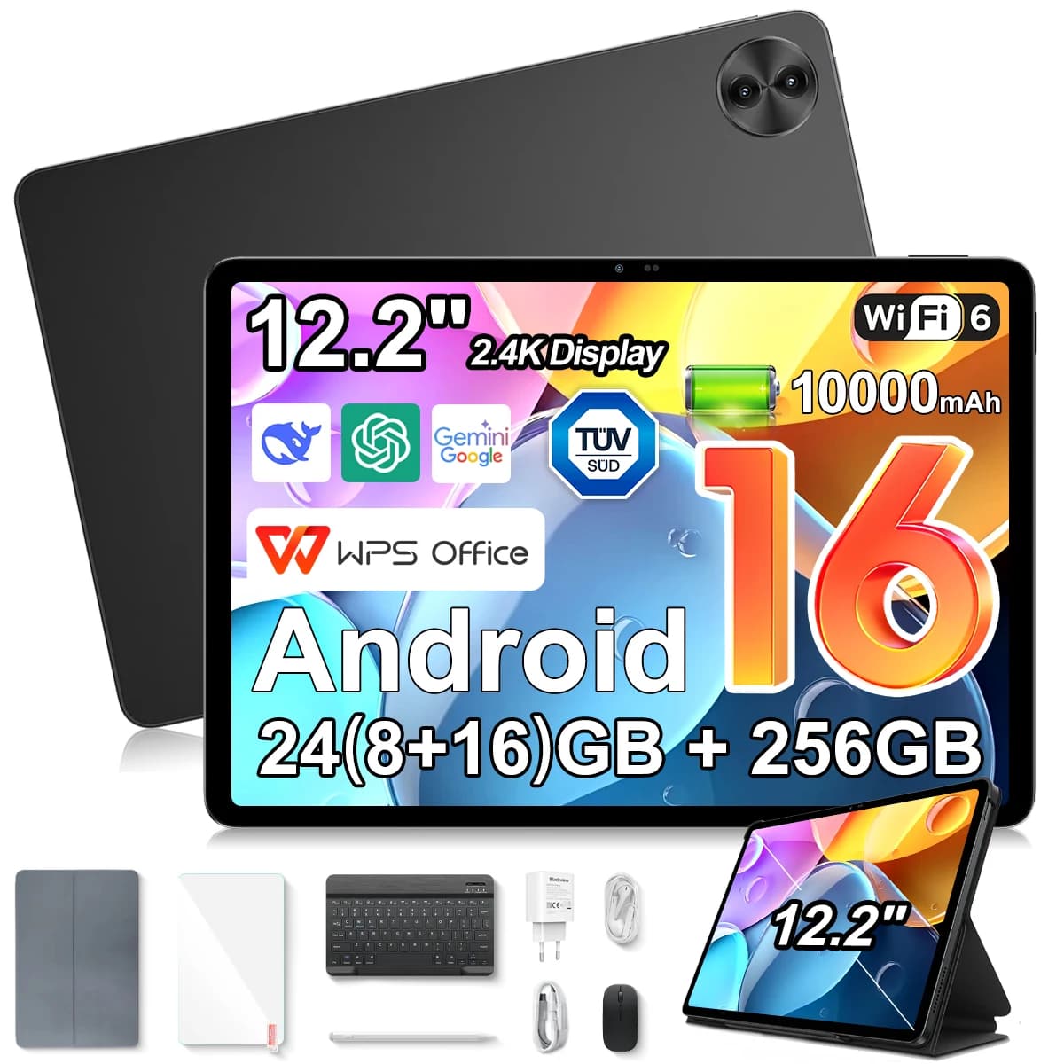 Blackview Mega 5 Tablet Pc,12.2" 2.4K Ultra‑Clear Ips 120Hz,Tüv Süd Low Blue Light,24Gb(8+16) Ram 256Gb Rom,10000Mah 55W,Wi‑Fi 6,Dual 2W Box Speakers Android 16,1080P Widevine L1 for Netflix Disney+ Prime Video