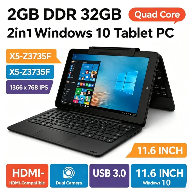 11.6 Inch Windows 10 T10 Tablet 2GB RAM 32GB ROM RCA9213 Quad Core 1366x768 IPS Screen Dual Camera WiFi HDMI-Compat