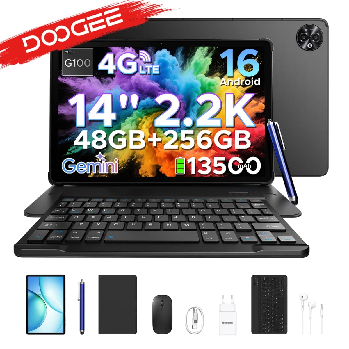 Doogee 2 in 1 Tablet Pc Tab E3 Max Gmini Ai 14" 2.2K Screen 13500Mah Battery Android 16 48Gb(8+40) 256Gb Helio G100 Ai Tablet