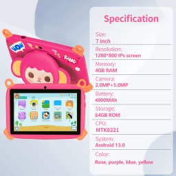 2026 Hot Sales 7 Inch Cartoon Kids Tablets Quad Core Android 13.0 System, 4GB+64GB Memory, WiFi Bluetooth Type-C Tablet 4000mAh