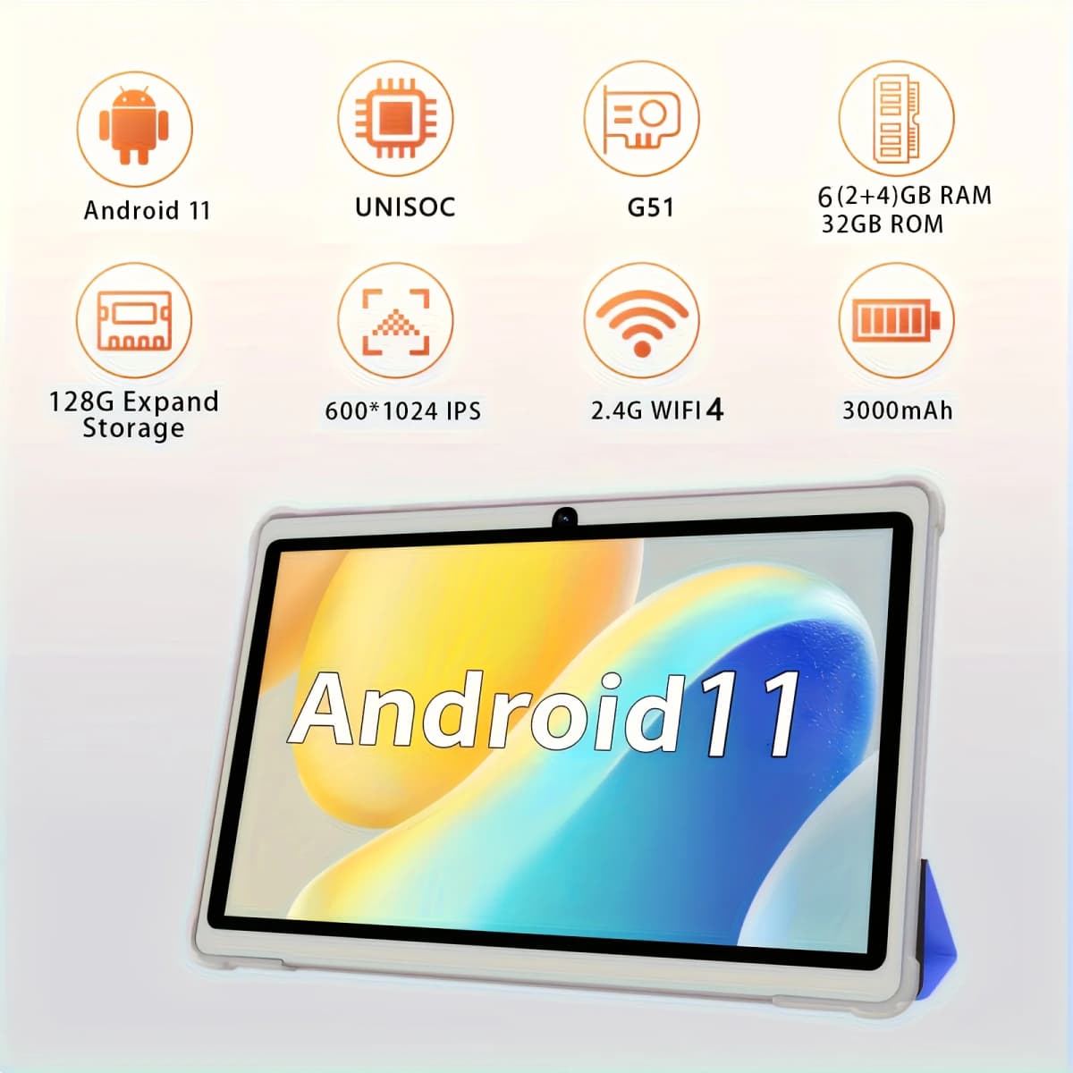 7 Inch Tablet PC, Android 11 Quad Core, 6GB(2+4GB Virtual) RAM 32GB ROM, WiFi, Dual Camera, USB C, with Leather Case