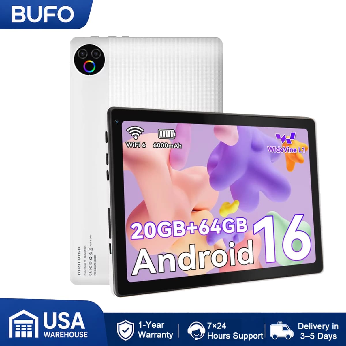 KB1001 Android 16 Tablet 10.1 Inch 20(3+17)GB RAM 1TB TF 6000mAh Face Unlock 8MP Dual Camera OTG Widevine L1 BT 5.4/5G WiFi Portable Work Study Tablet PC - Black