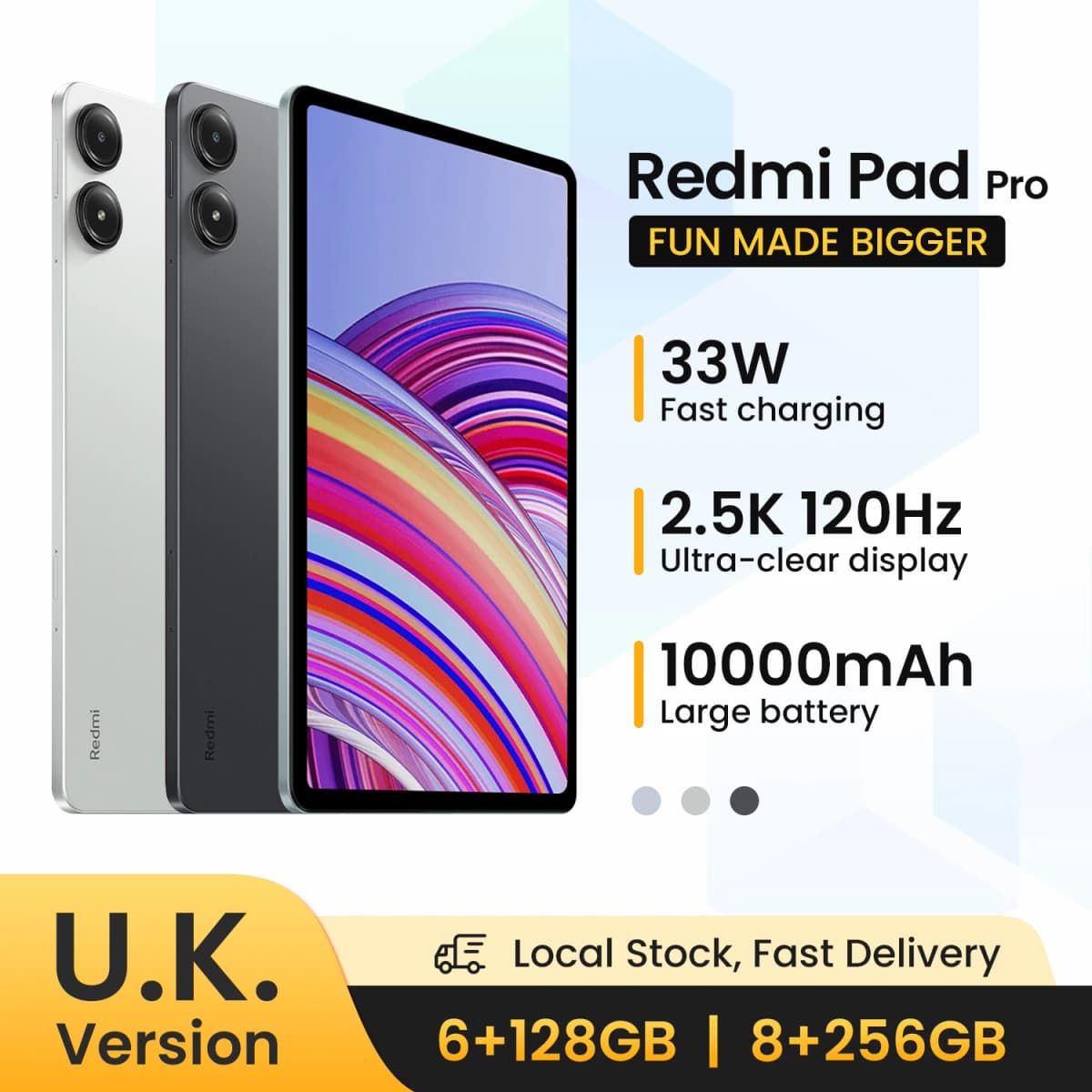 UK Version Xiaomi Redmi Pad Pro 12.1" 120Hz 2.5K Display 10000mAh Battery Snapdragon 7s Gen 2 CPU 33W fast charge 8MP Camera