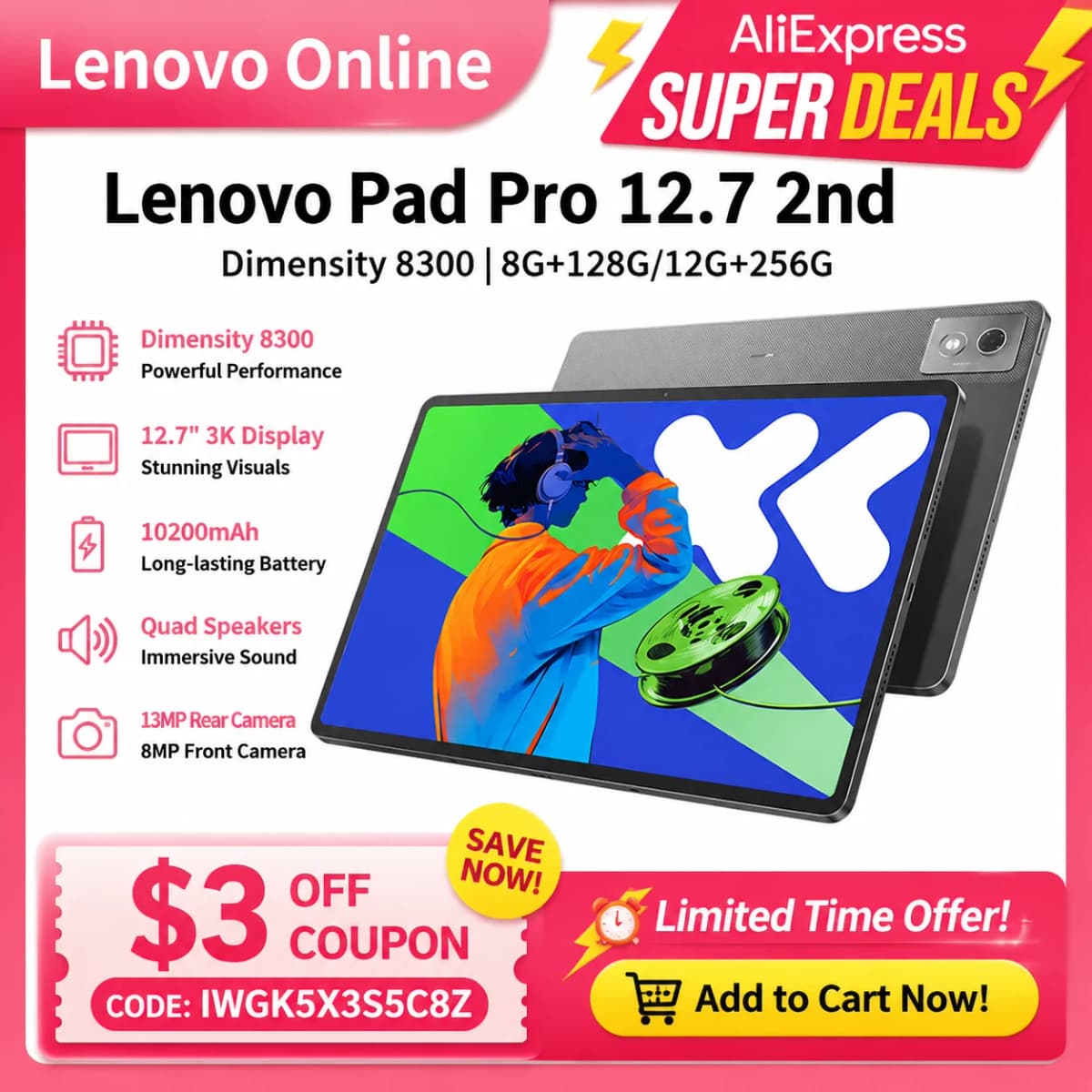 Lenovo tablet Xiaoxin Pad Pro 2025 2nd 144Hz 2.9K 12.7-inch MTKTianji8300 2944*1840 10200mAh LCD Screen 45W fast charge CN ROM