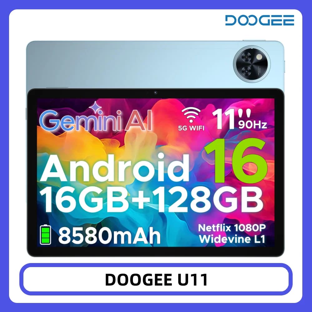 DOOGEE U11 Tablet 11" Ultra-clear 90Hz Display 16GB 128GB 8580mAh Battery Unisoc T7200 Dual Speaker Widevine L1 Android 16 Pad