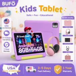 KT1018L Kids Tablet Bundle Complete Gift Set 7 Inch Small Portable Children Tablet Quad Core 8GB(2+6) RAM 64GB ROM Android13 2500mAh Battery Parental Control Lavender Blue Toddler Learning Tablet With Headphone & Storage Bag