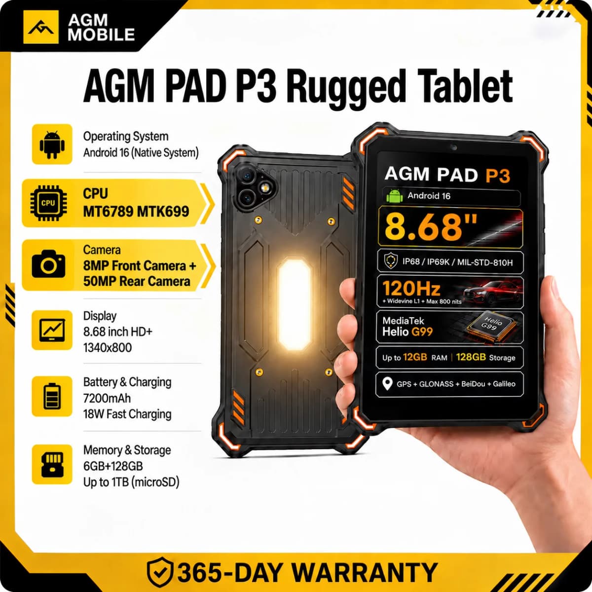 AGM PAD P3 Rugged Tablet 8.68" Android 16 7200mAh Battery 120Hz 6GB RAM 128GB Storage Pad PC 4G Tablet Global Version Tablet