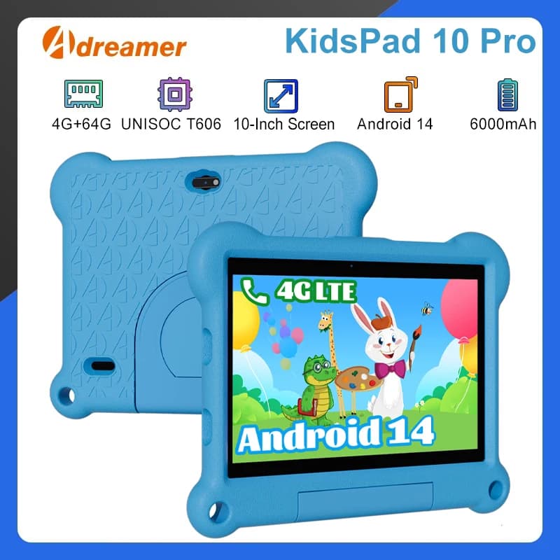 Adreamer Kids Tablet 10.1 Inch IPS Android 14 4GB RAM 64GB ROM WIFI Google Play For Children Kids Study Gaming Age 3-14