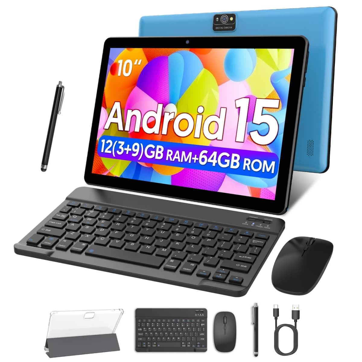 Android 15 Tablet, 10.0-inch Screen, Quad-Core Processor, 12GB RAM (3GB+9GB), 64GB Storage, 2MP+8MP Dual Cameras, 6000mAh