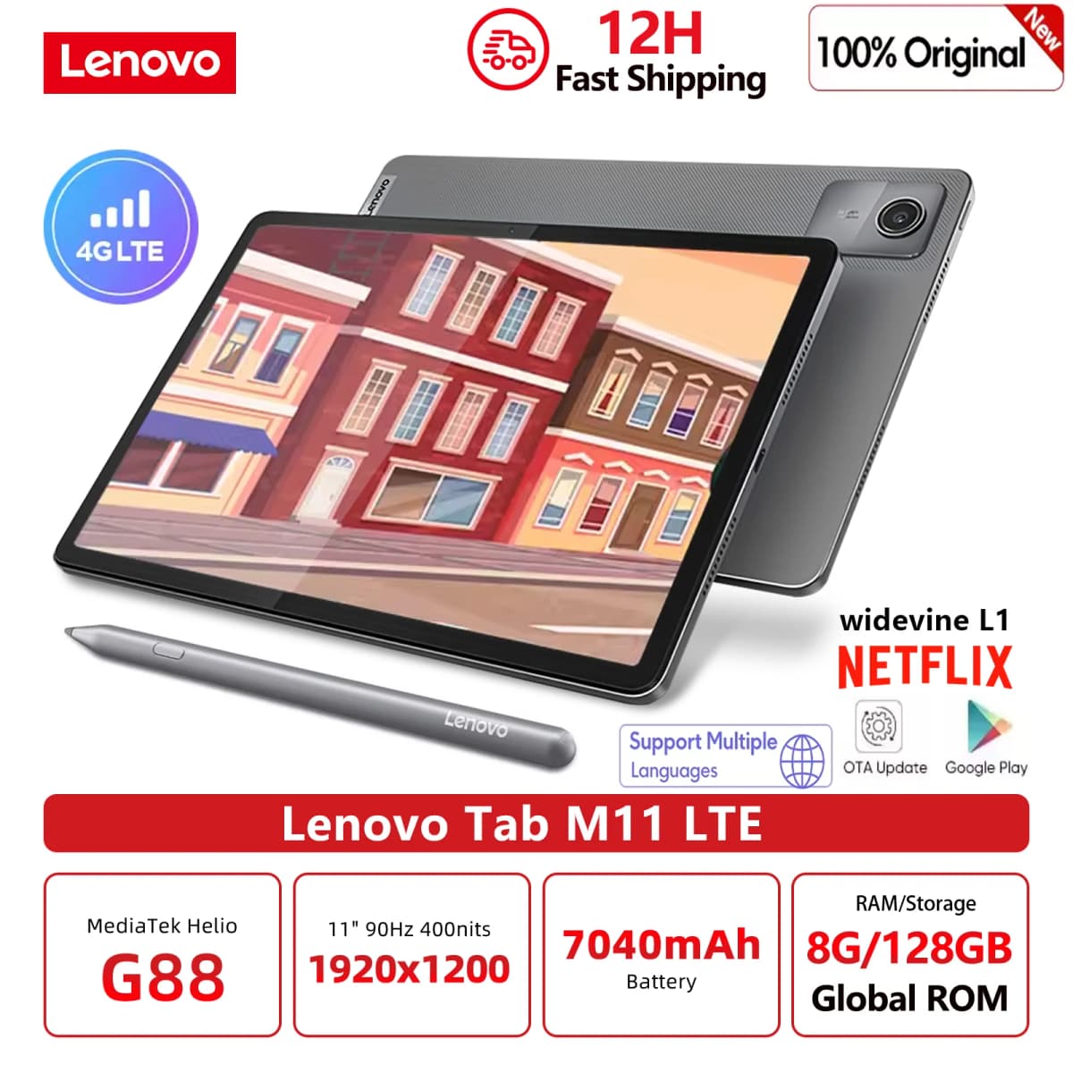 Global ROM Lenovo Tab M11 K10 11" Display 4G LTE MediaTek Helio G88 8GB RAM 128GB SSD L1 1920x1200 Wifi 7040mAh Android Tablet