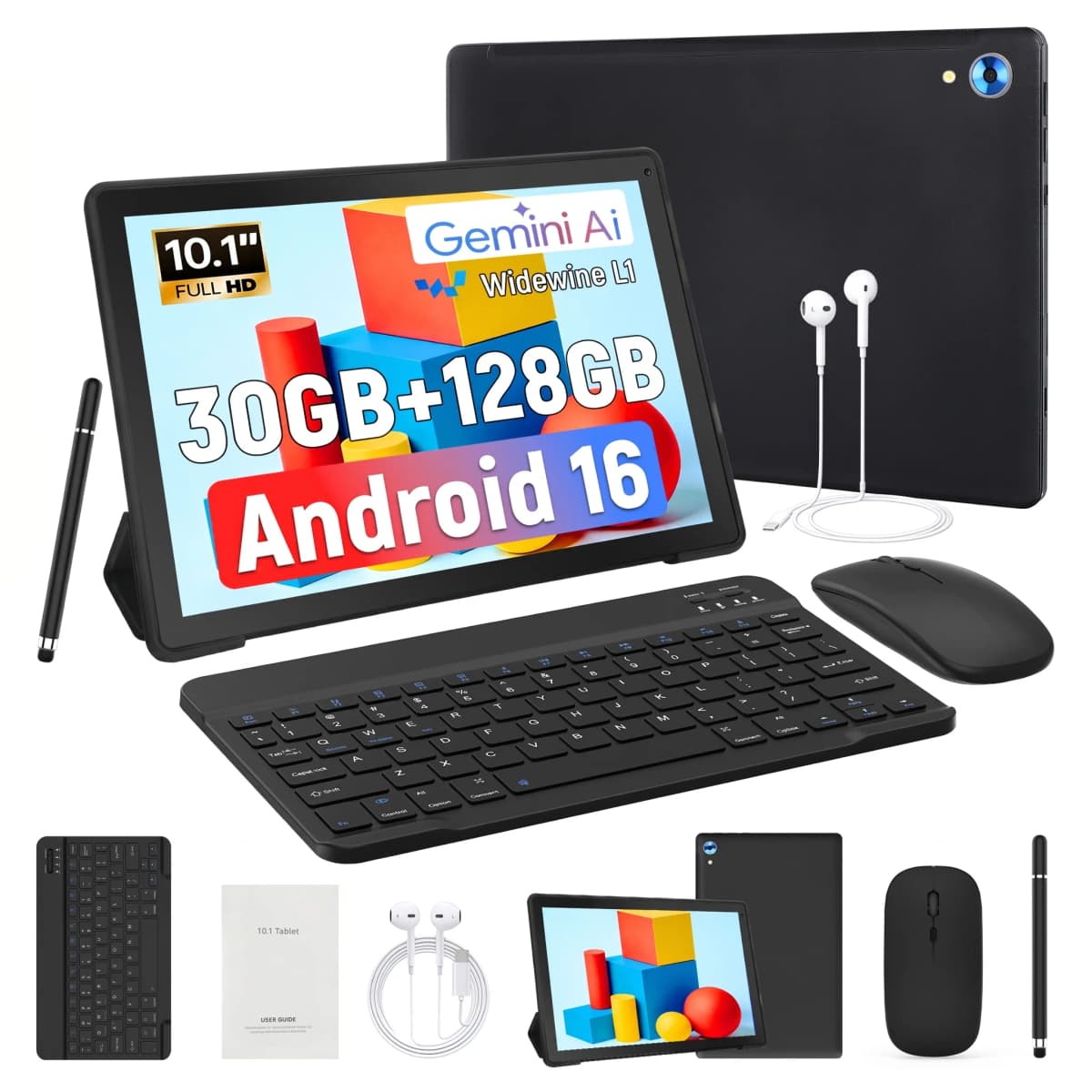 X108 10.1 Inch Android16 Tablet PC Octa‑Core A537 30GB(6+24GB Virtual) 128GB ROM Built‑in Gemini AI Agent Widevine L1 3D Face Unlock Tablet Complete Bundle With Keyboard Mouse Case Stylus Pen Headphones Charger`