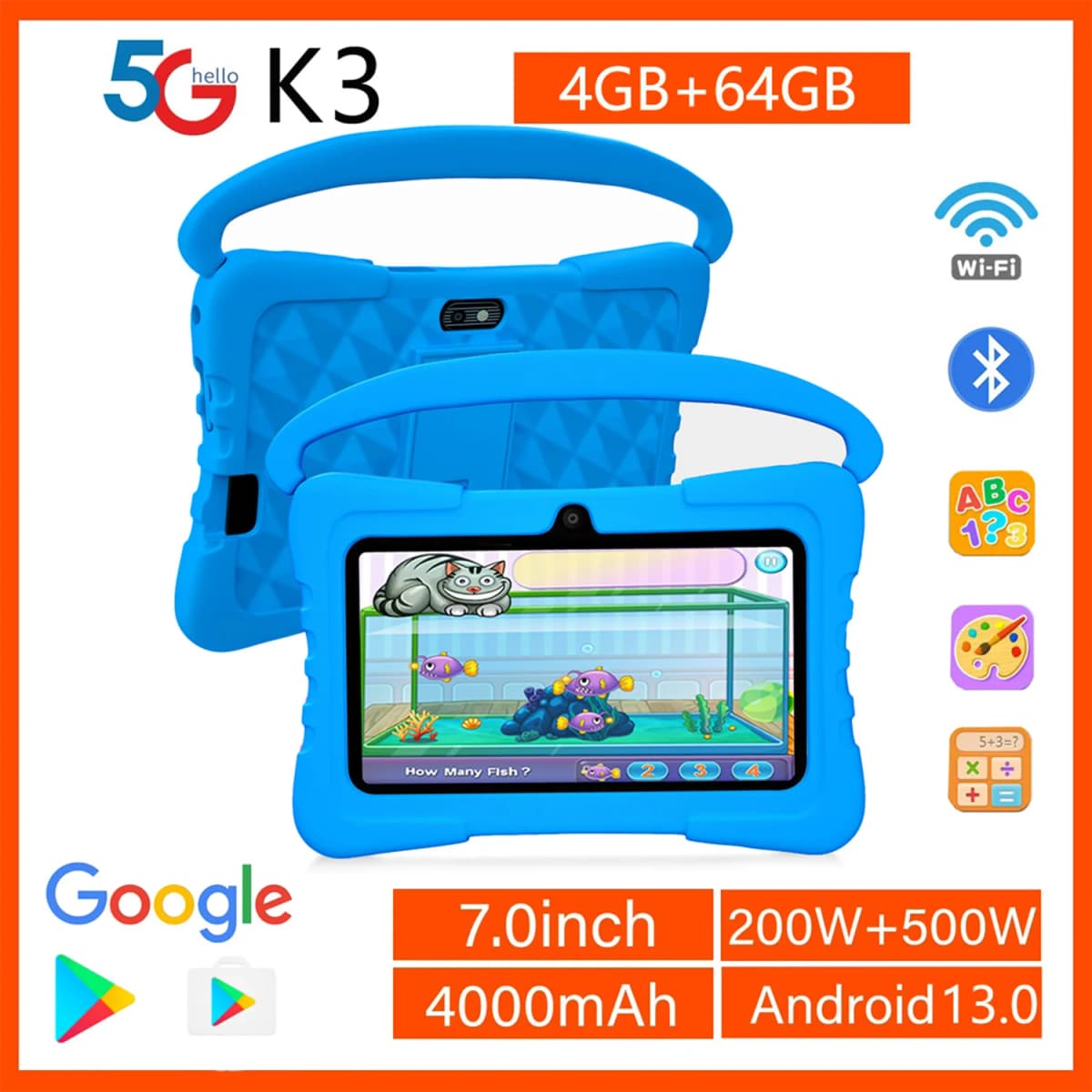 New 7 Inch Kids Android Tablets Quad Core 4GB+64GB ROM Cartoon Portable with Kids-Proof Protective Case Best Gift for Childre