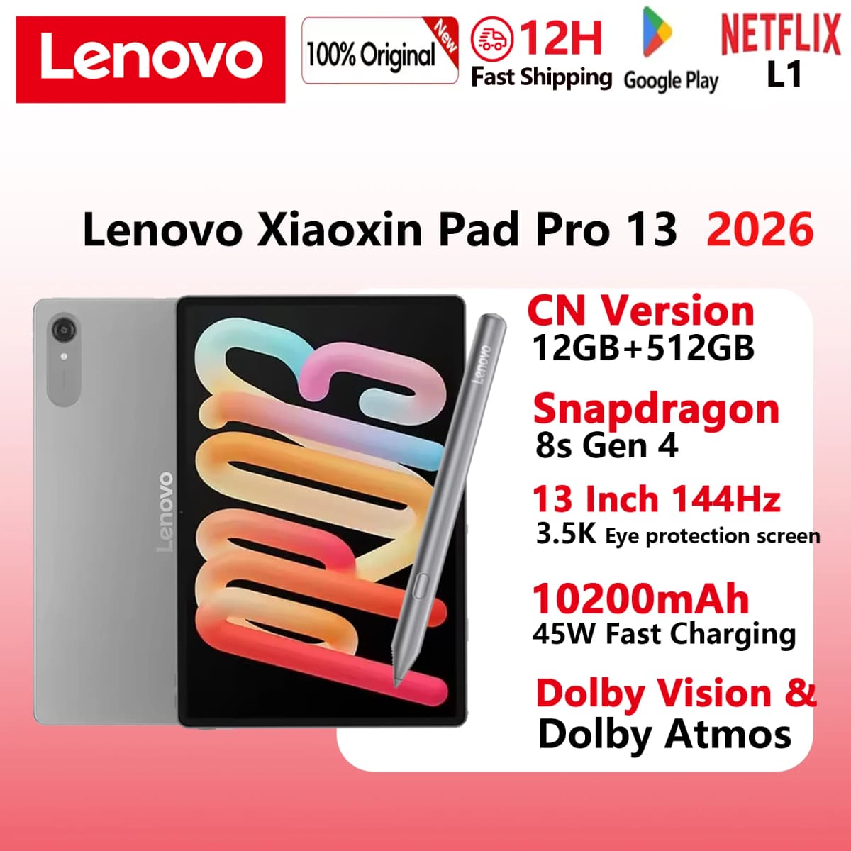 Original Lenovo Xiaoxin Pro 13 Tablet 13'' 3.5K 144Hz Diplay 12GB 512GB ROM 10200mAh Snapdragon 8s Gen 4 CPU WIFI 7 AI Pad PC