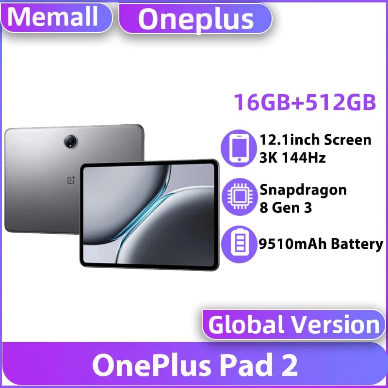 Global Version OnePlus Pad 2 Snapdragon 8 Gen 3 12.1'' 3K 144Hz LCD Screen 9510mAh Battery 67W SUPERVOOC Tablet PC