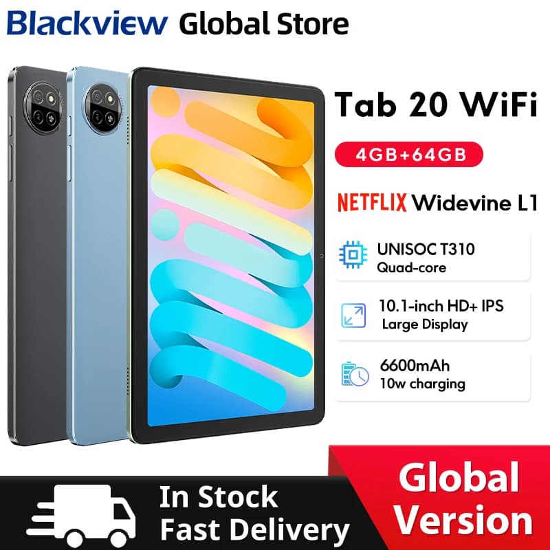 Blackview Tab 20 WIFI Tablets 10.1'' HD+ IPS Display Widevine L1 4GB 64GB Unisoc T310 Android 15 6600mAh 8MP Tablet Pad PC