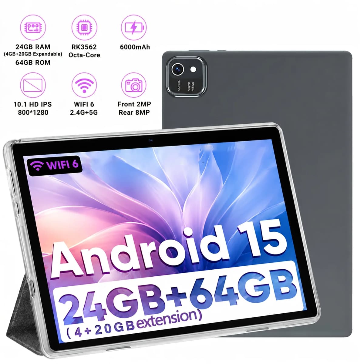 10.1-inch 2-in-1 Android15 Tablet,24GB RAM(4GB+20GB Expandable)+64GB ROM,1TB Expandable Storage,FHD IPS Touch Screen,8MP Rear