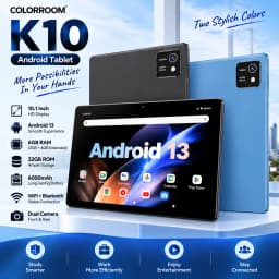 COLORROOM K10 10.1 Inch Android 13 Tablet 6GB RAM 32GB ROM 6000mAh HD IPS WiFi Bluetooth Dual Camera for Work Study Entertainmen