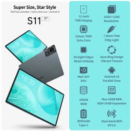 ODEA S11 Tablet 16GB(6GB+10GB) RAM 256GB ROM 11" 1920x1200 IPS T606 8-core Android 14 8000mAh Type-C GPS 4G LTE By Teclast