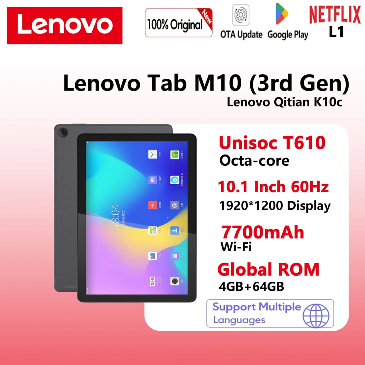 Lenovo Tab M10 (3rd Gen) Qitian K10c Tablet TB328FU Global ROM 10.1 Inch Unisoc T610 1920×1200 7700mAh 64GB ROM WiFi Android PC
