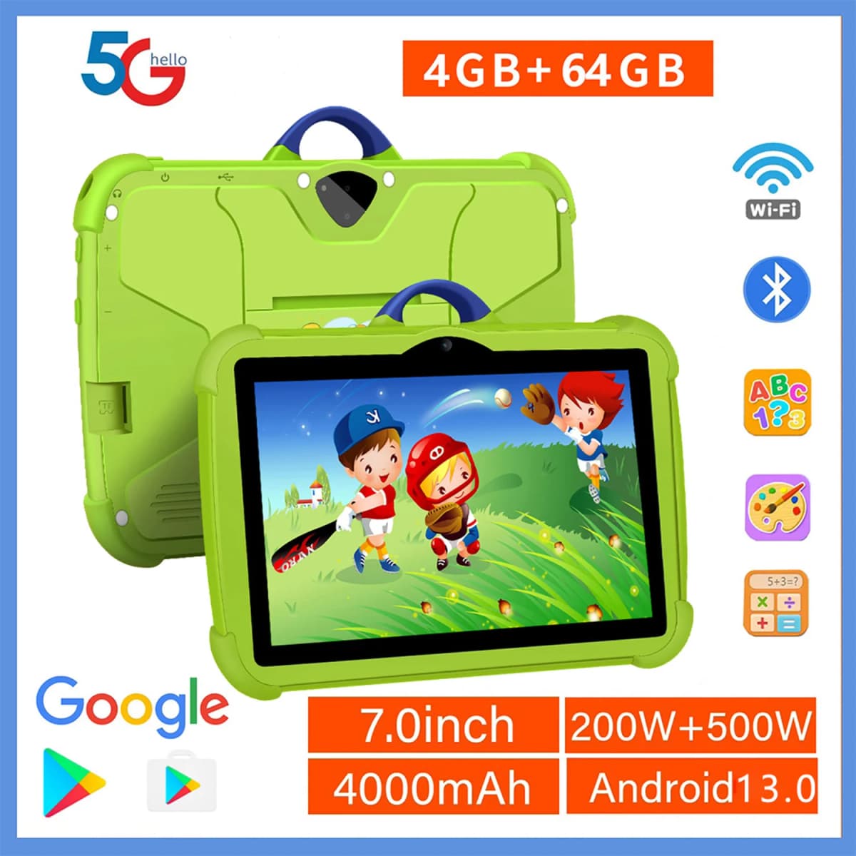 New 7 Inch 5G WiFi Education Learning Kids' Tablets Quad Core 4GB RAM 64GB ROM Android 13 Google Play Support Bluetooth 4000mAh